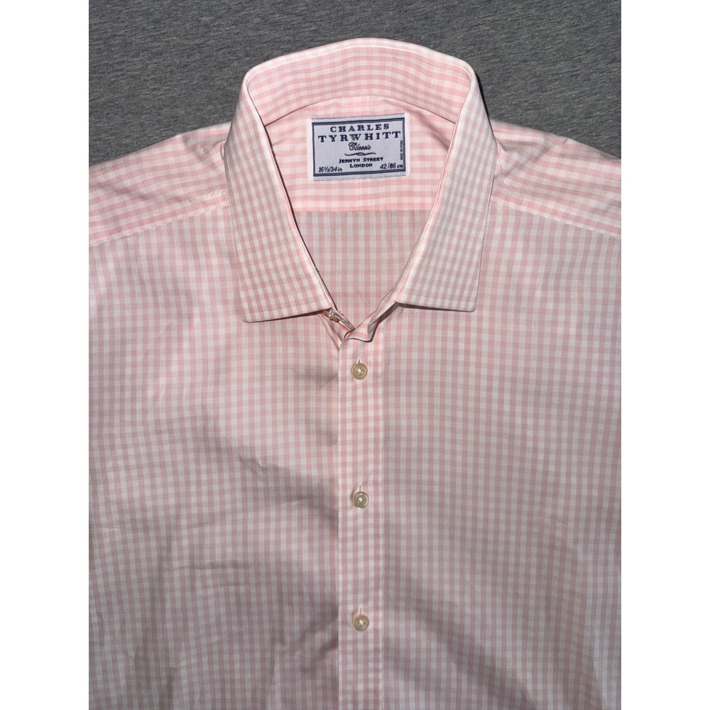 Charles Tyrwhitt Mens Classic Fit Pink Gingham Dress Shirt 16.5 34 French Cuff